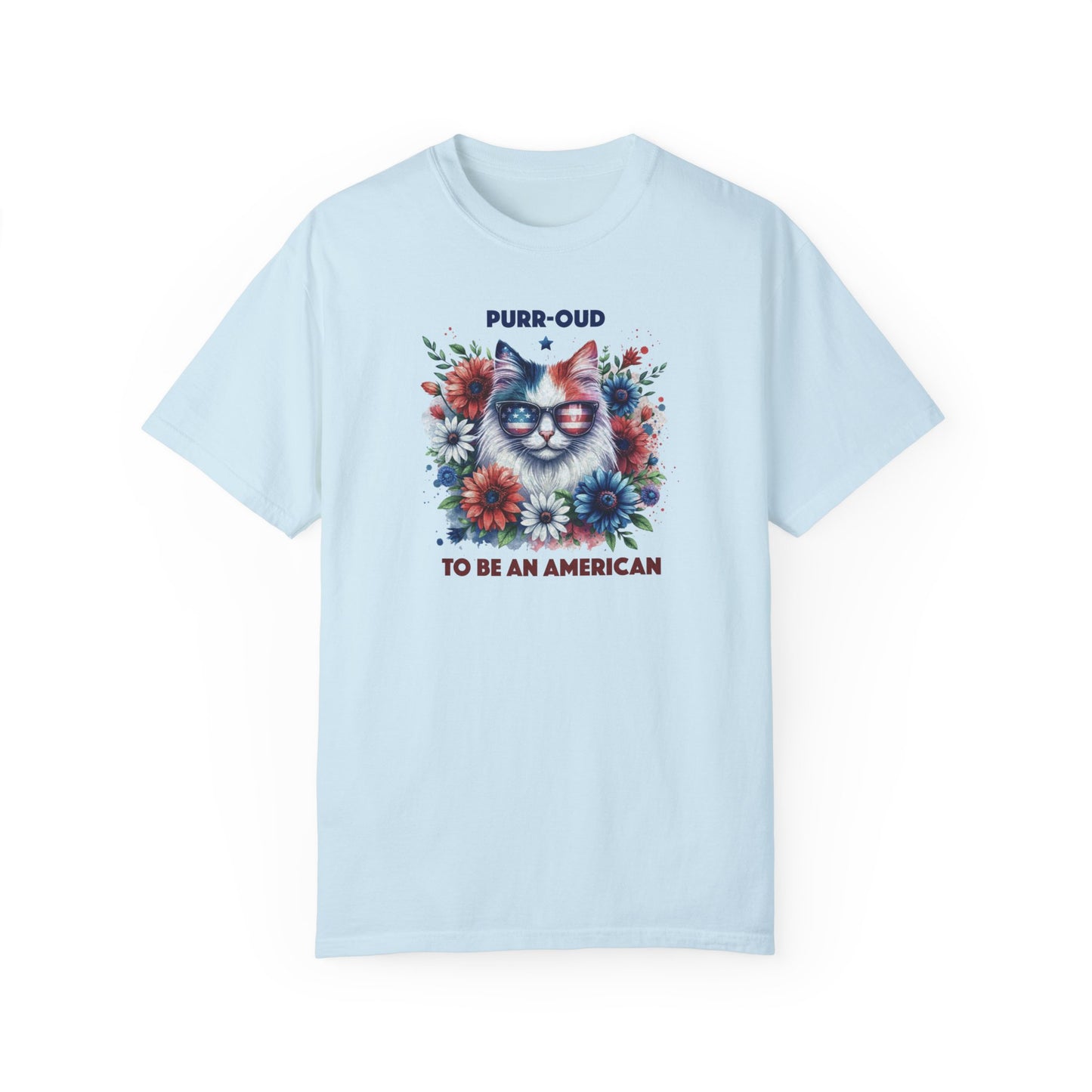 Purr-oud Cat with Sunglasses, Wild Flowers Summer Comfort Colors®  T-shirt, Red White & Blue, America Tee,  4th of July, 4th of July Shirt