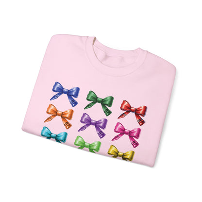 Limited Edition Bow Shaped Colorful Crayon Sweatshirt, Cute Elementary Teacher Coquette Style Sweatshirt, Pre K Kindergarten Teacher Gift