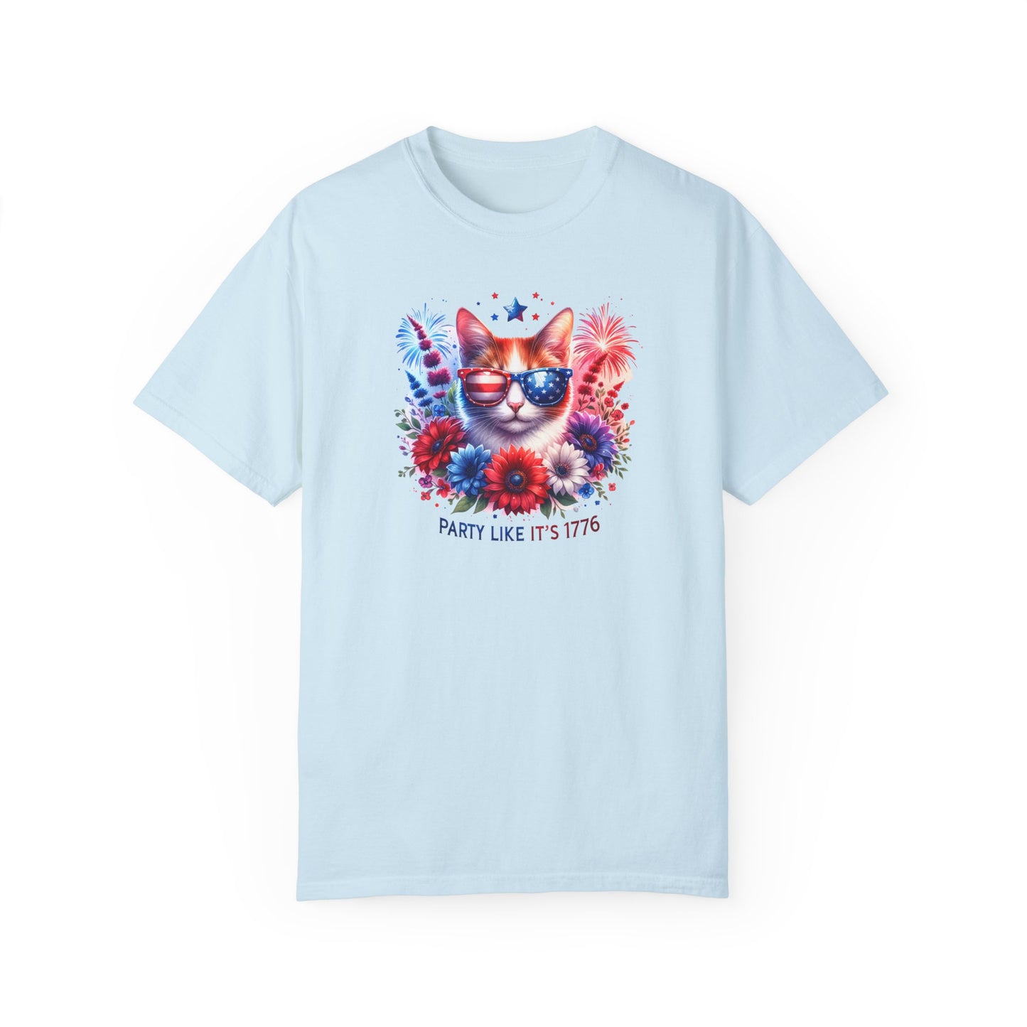 Cat with Sunglasses, Wild Flowers Summer Comfort Colors®  T-shirt, Red White and Blue, America Tee,  4th of July, 4th of July Shirt T-Shirt