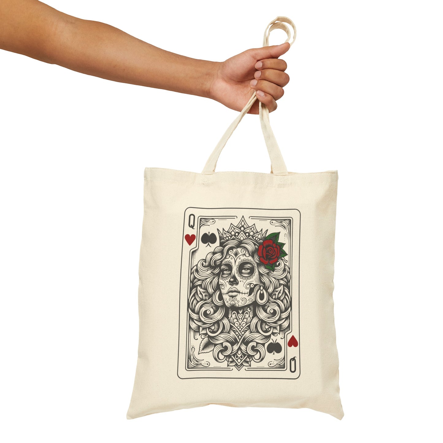 Handcrafted Comfort Day of the Dead Queen of Hearts Tote, Unique Queen of Hearts Dia De Los Muertos,  Limited Edition Cotton Canvas Tote Bag