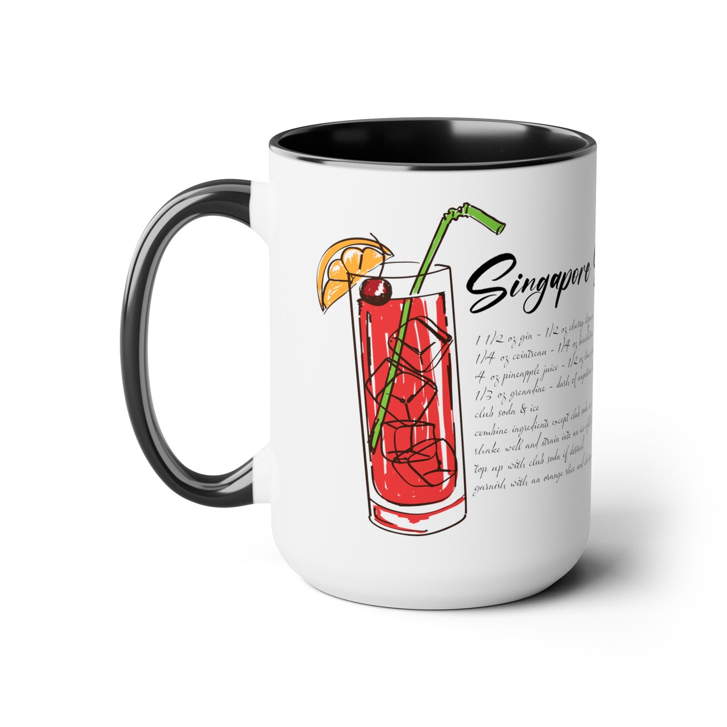 Tiki Drinki - Singapore Sling with Recipe Two-Tone Coffee Mugs, 15oz