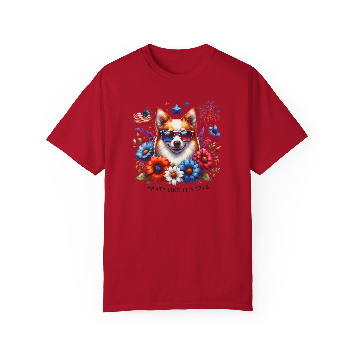 Dog with Sunglasses, Wildflowers Summer Comfort Colors® t-shirt, Red White and Blue, America Tee, , 4th of July, 4th of July Shirt T-Shirt