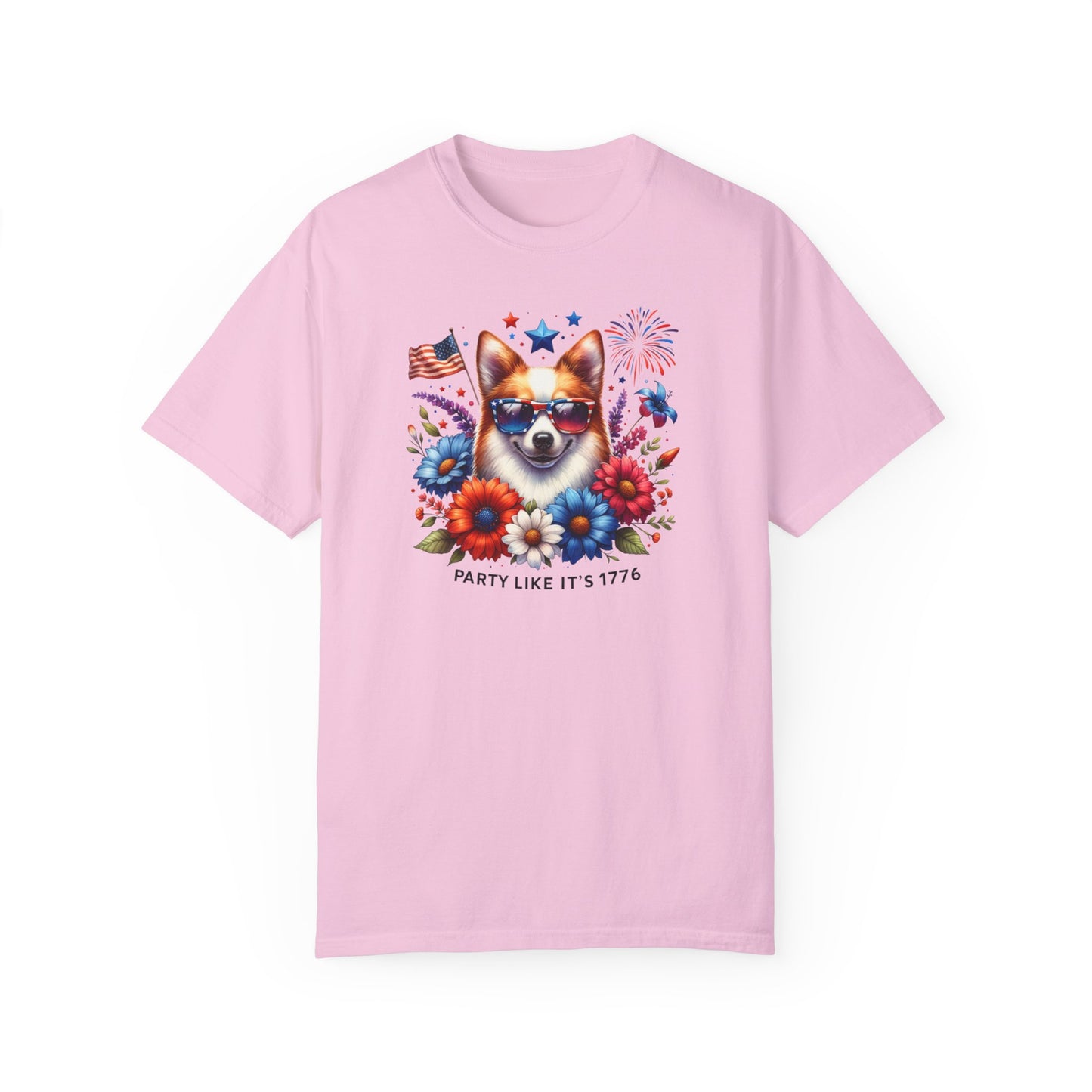 Dog with Sunglasses, Wildflowers Summer Comfort Colors® t-shirt, Red White and Blue, America Tee, , 4th of July, 4th of July Shirt T-Shirt