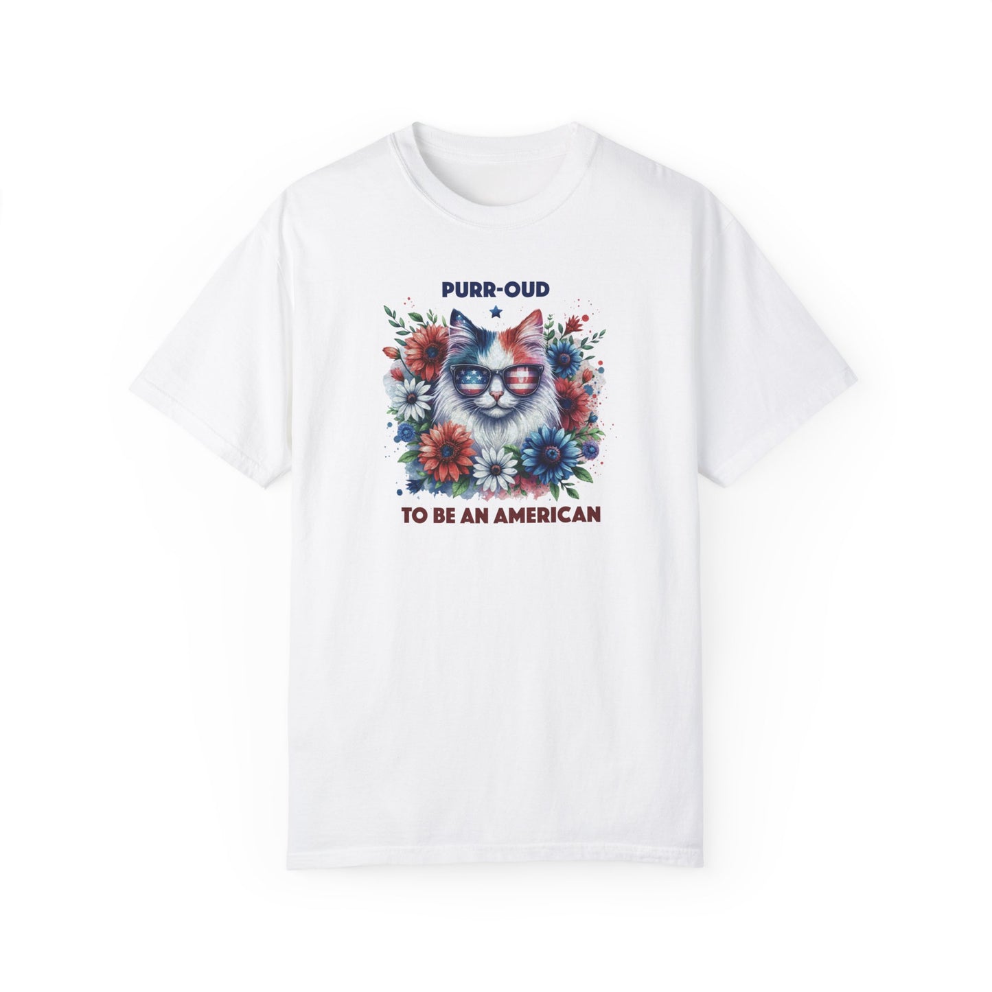 Purr-oud Cat with Sunglasses, Wild Flowers Summer Comfort Colors®  T-shirt, Red White & Blue, America Tee,  4th of July, 4th of July Shirt