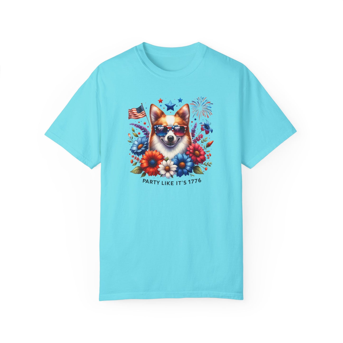 Dog with Sunglasses, Wildflowers Summer Comfort Colors® t-shirt, Red White and Blue, America Tee, , 4th of July, 4th of July Shirt T-Shirt