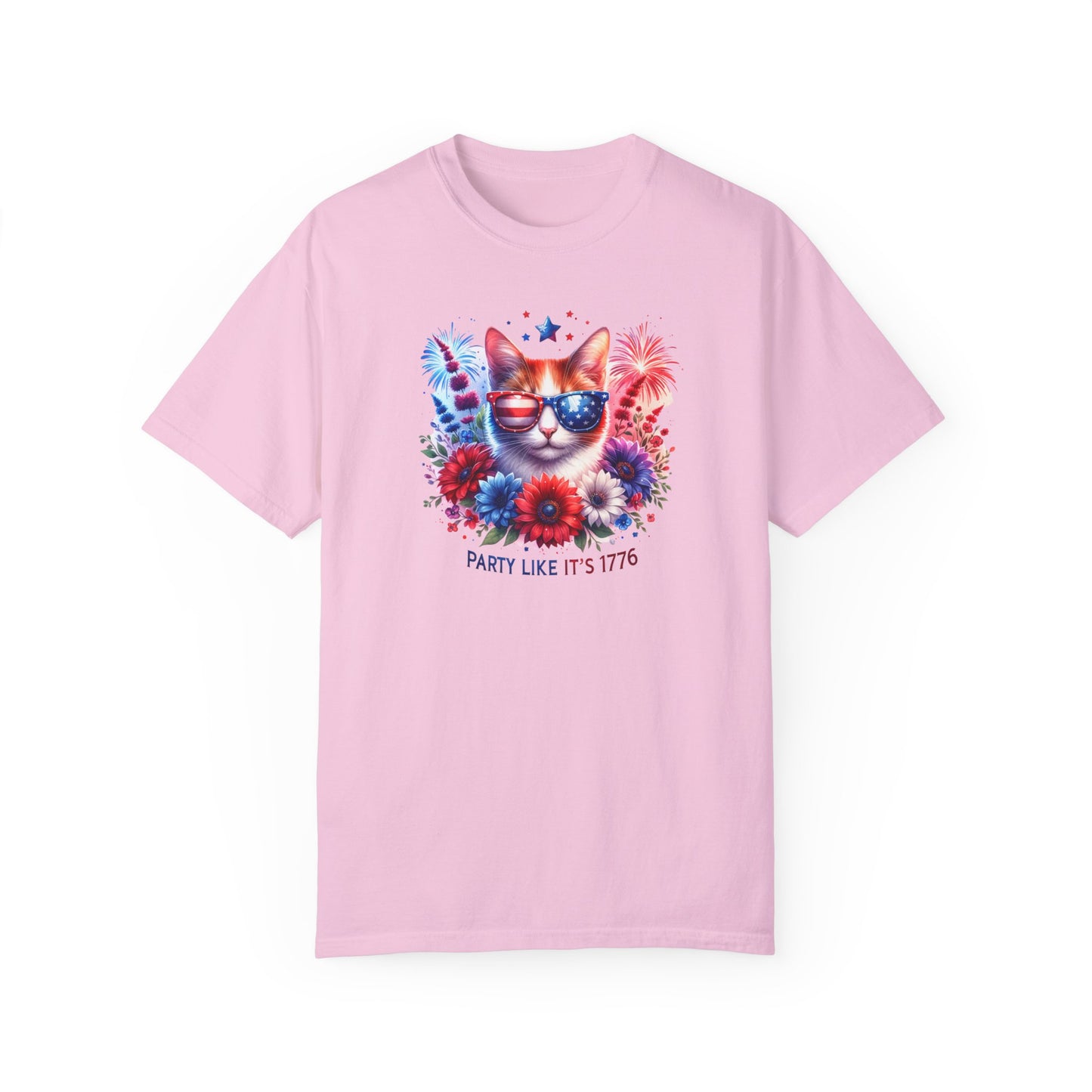 Cat with Sunglasses, Wild Flowers Summer Comfort Colors®  T-shirt, Red White and Blue, America Tee,  4th of July, 4th of July Shirt T-Shirt