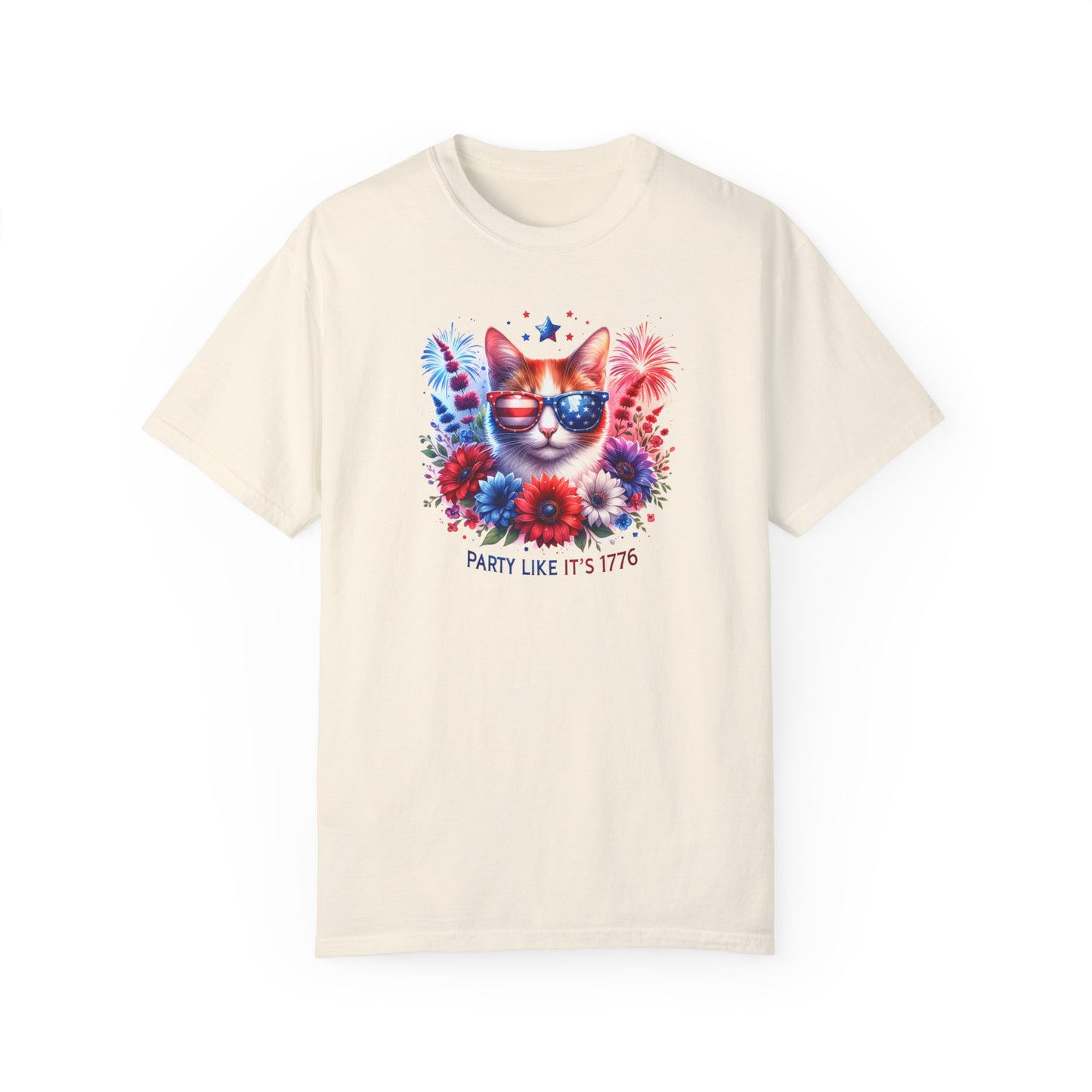 Cat with Sunglasses, Wild Flowers Summer Comfort Colors®  T-shirt, Red White and Blue, America Tee,  4th of July, 4th of July Shirt T-Shirt