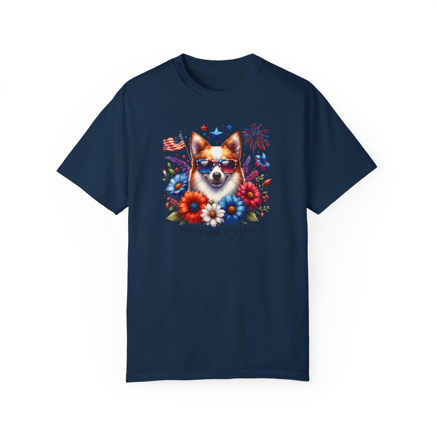 Dog with Sunglasses, Wildflowers Summer Comfort Colors® t-shirt, Red White and Blue, America Tee, , 4th of July, 4th of July Shirt T-Shirt