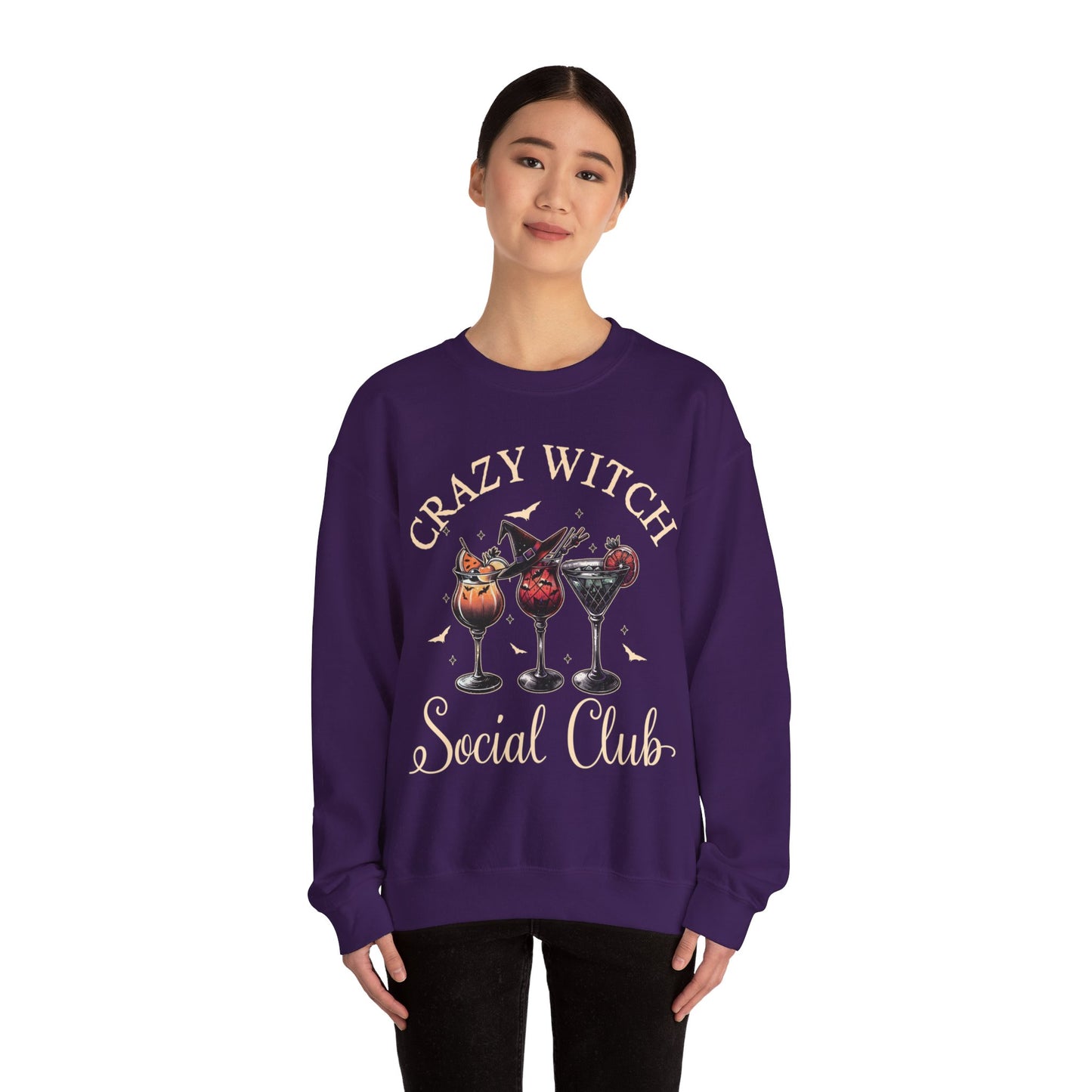 Cute Crazy Witch Social Club Gildan Sweatshirt, Limited Edition Halloween Cocktails Sweatshirt for Girls Night Out or Girls Trip, Gift