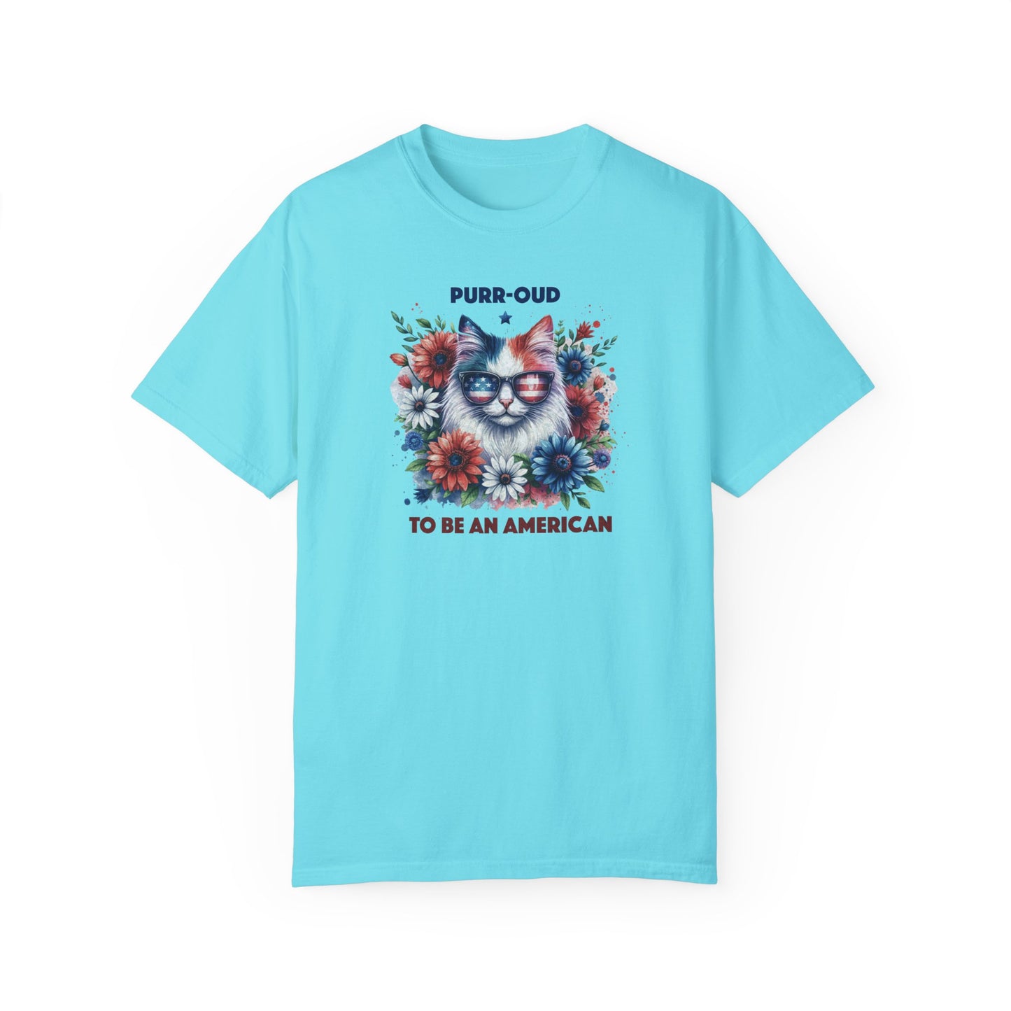 Purr-oud Cat with Sunglasses, Wild Flowers Summer Comfort Colors®  T-shirt, Red White & Blue, America Tee,  4th of July, 4th of July Shirt