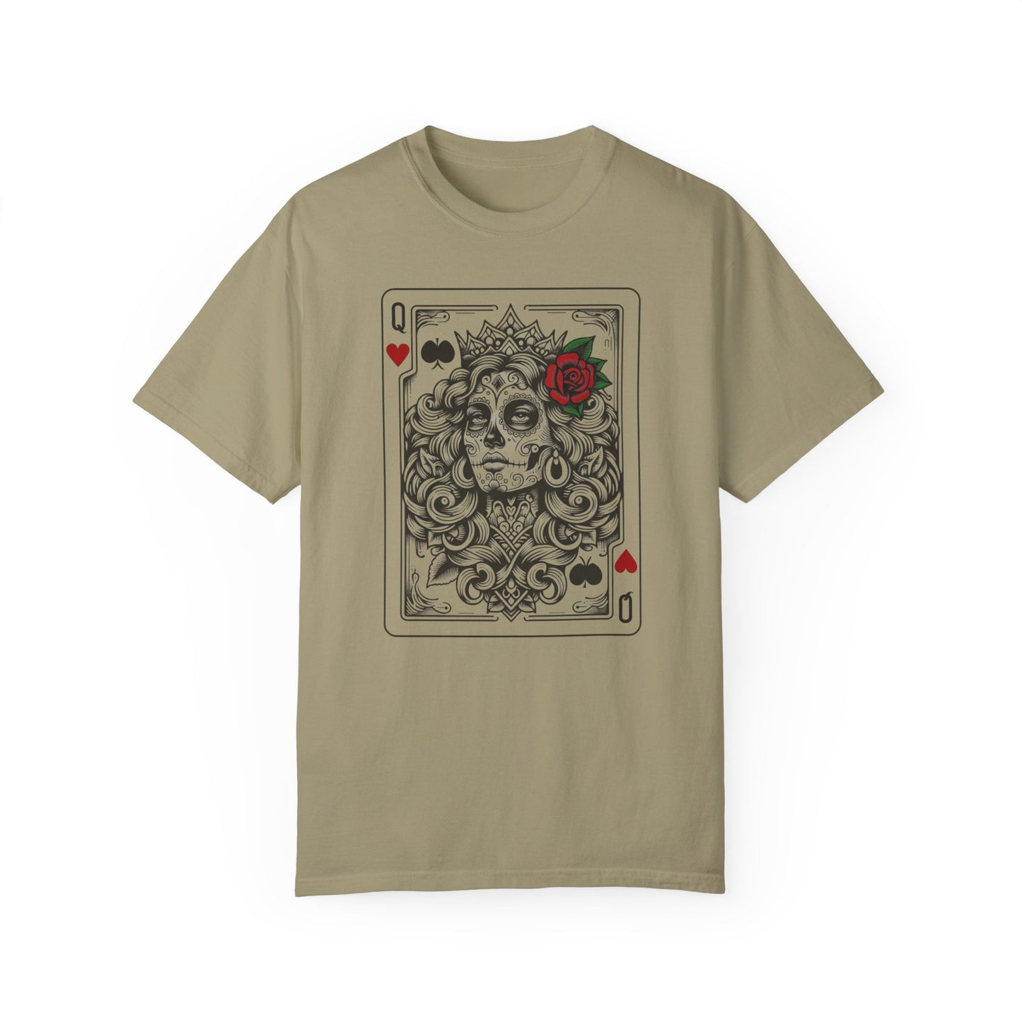 Handcrafted Comfort Day of the Dead Queen of Hearts T-shirt, Oversized Shirt Unique Queen of Hearts Dia De Los Muertos,  Limited Edition