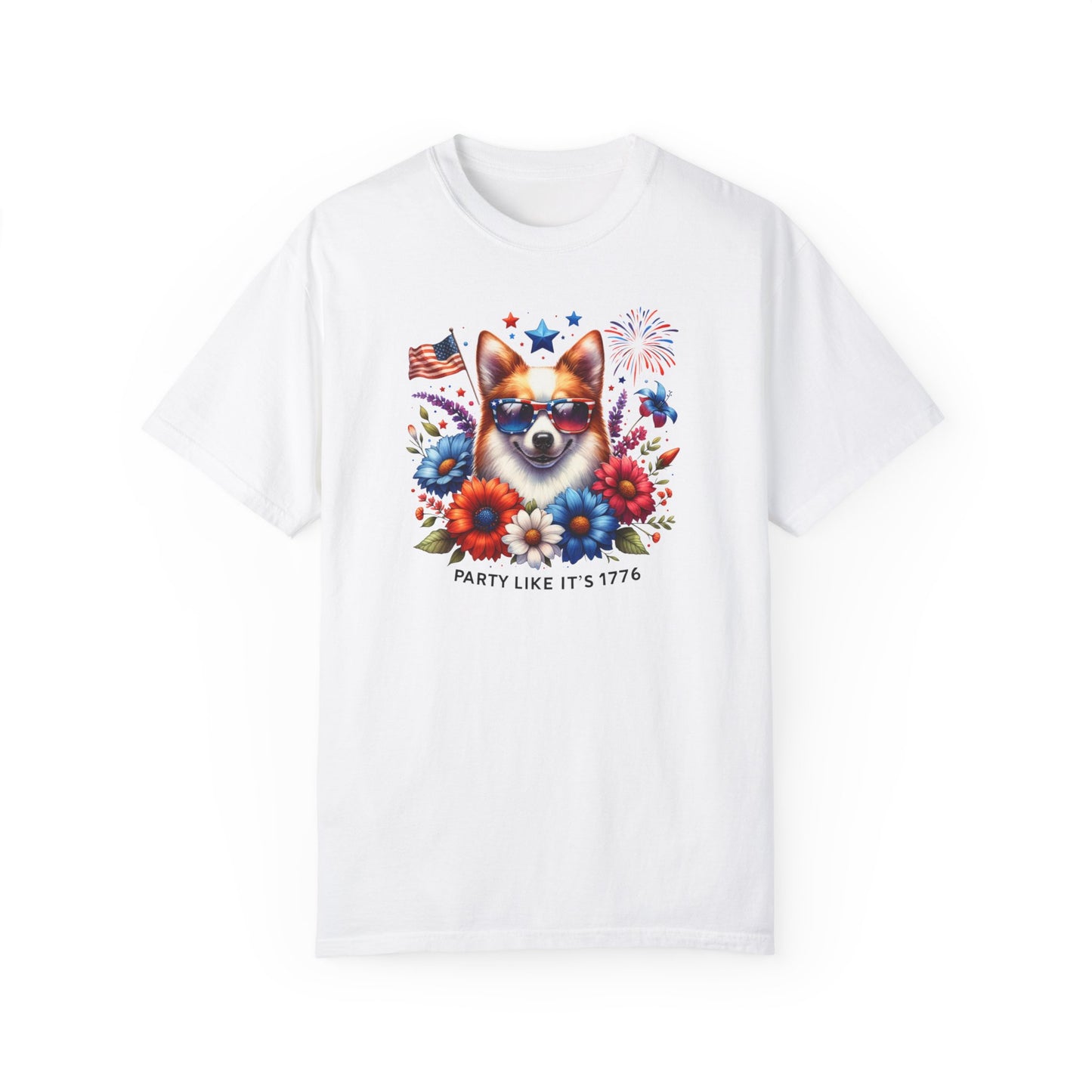 Dog with Sunglasses, Wildflowers Summer Comfort Colors® t-shirt, Red White and Blue, America Tee, , 4th of July, 4th of July Shirt T-Shirt