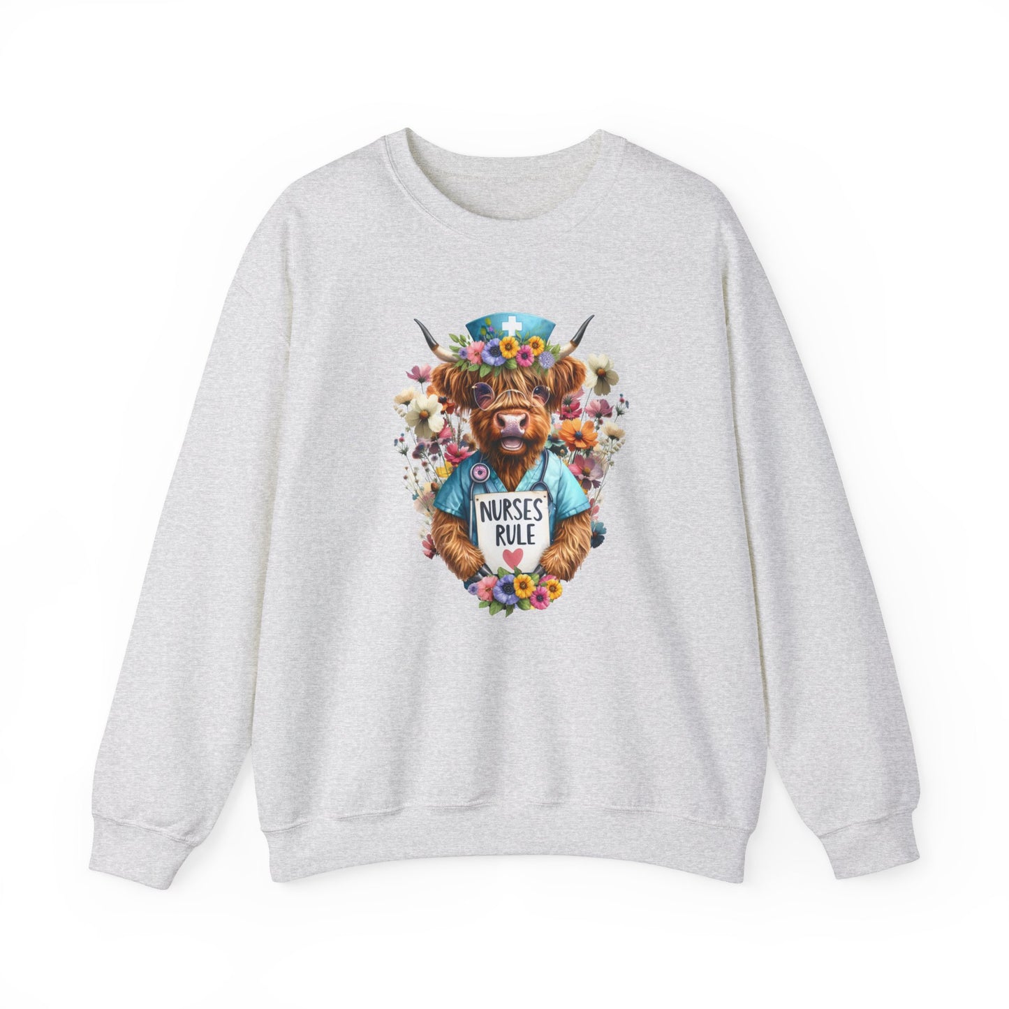 Nurses Rule Crewneck Sweatshirt with cute Shaggy Highland Cow, Watercolor, Nurse Gift