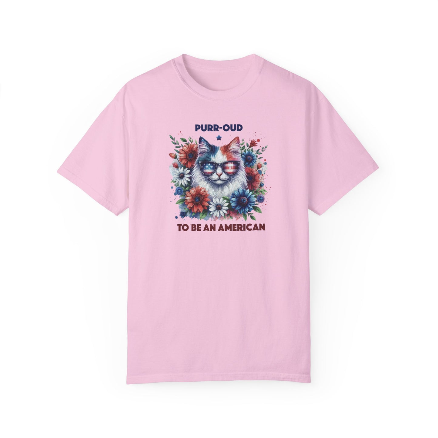 Purr-oud Cat with Sunglasses, Wild Flowers Summer Comfort Colors®  T-shirt, Red White & Blue, America Tee,  4th of July, 4th of July Shirt