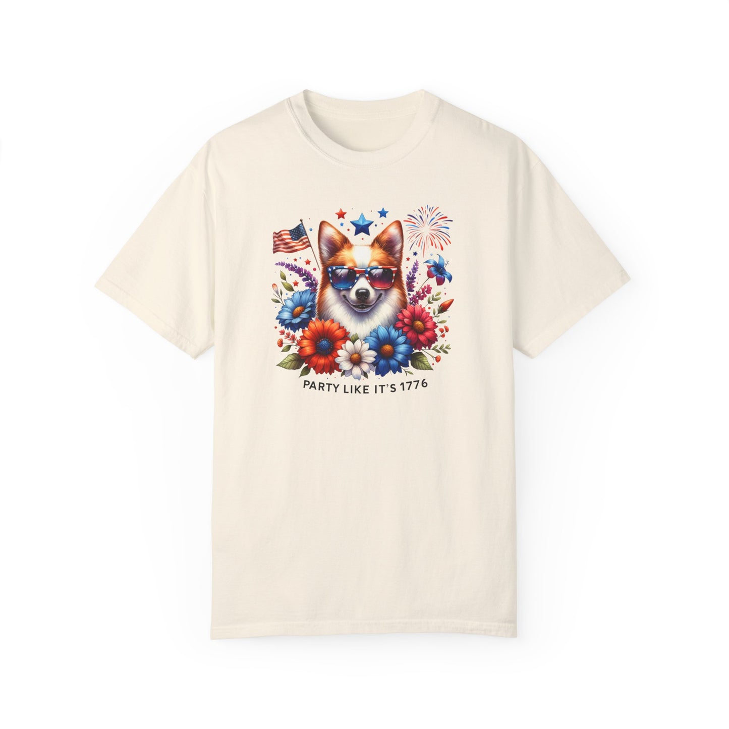 Dog with Sunglasses, Wildflowers Summer Comfort Colors® t-shirt, Red White and Blue, America Tee, , 4th of July, 4th of July Shirt T-Shirt