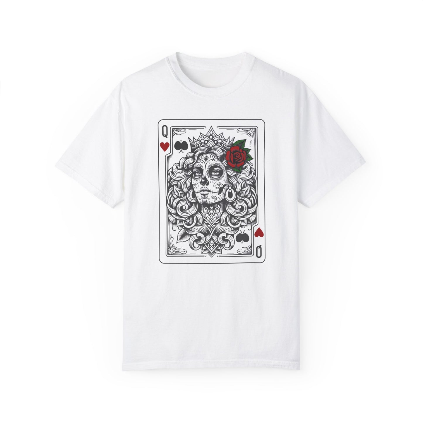 Handcrafted Comfort Day of the Dead Queen of Hearts T-shirt, Oversized Shirt Unique Queen of Hearts Dia De Los Muertos,  Limited Edition