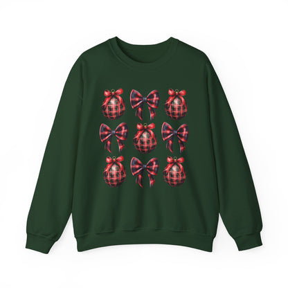 Buffalo Plaid Ornament and Bows Sweatshirt, Limited Edition Coquette Style Christmas Sweatshirt, Christmas Party Cozy Sweater, Holiday Gift