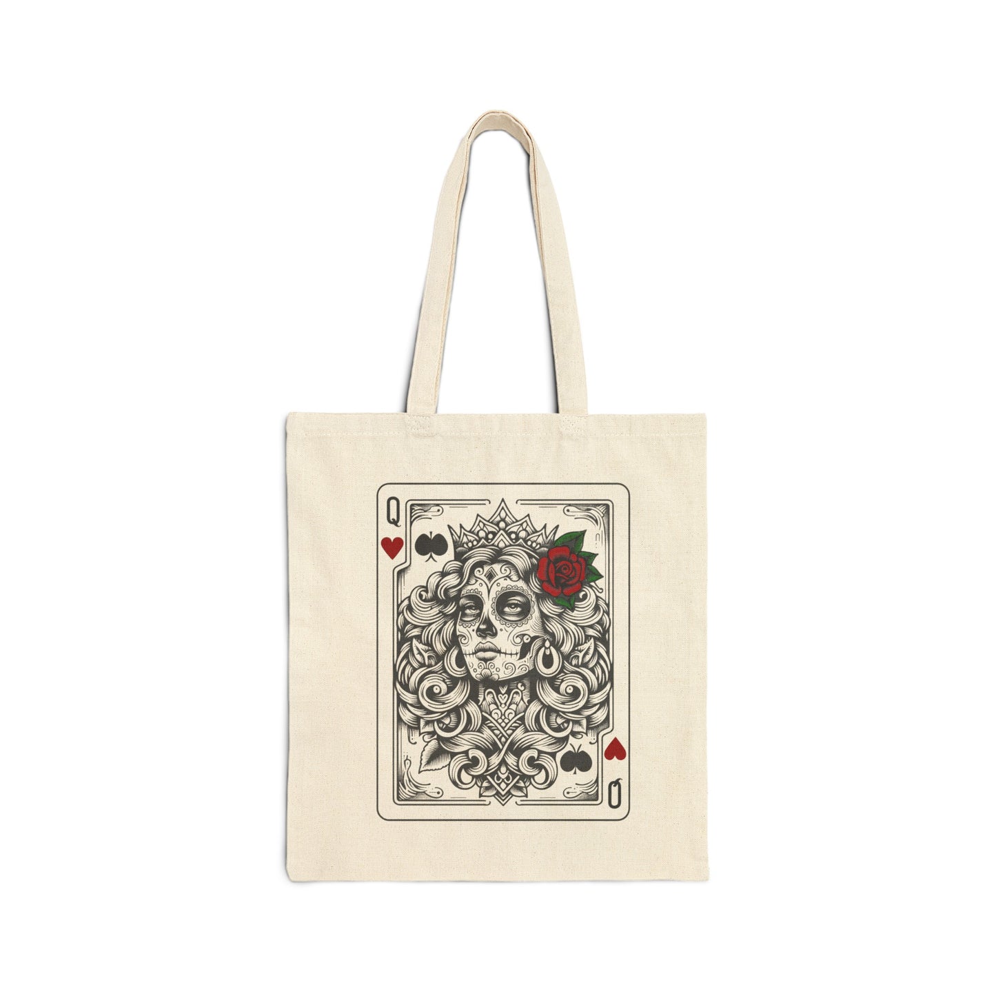 Handcrafted Comfort Day of the Dead Queen of Hearts Tote, Unique Queen of Hearts Dia De Los Muertos,  Limited Edition Cotton Canvas Tote Bag