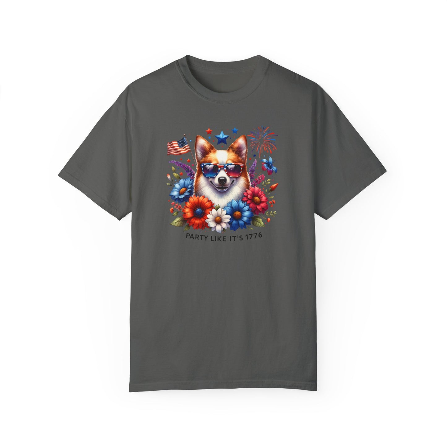 Dog with Sunglasses, Wildflowers Summer Comfort Colors® t-shirt, Red White and Blue, America Tee, , 4th of July, 4th of July Shirt T-Shirt