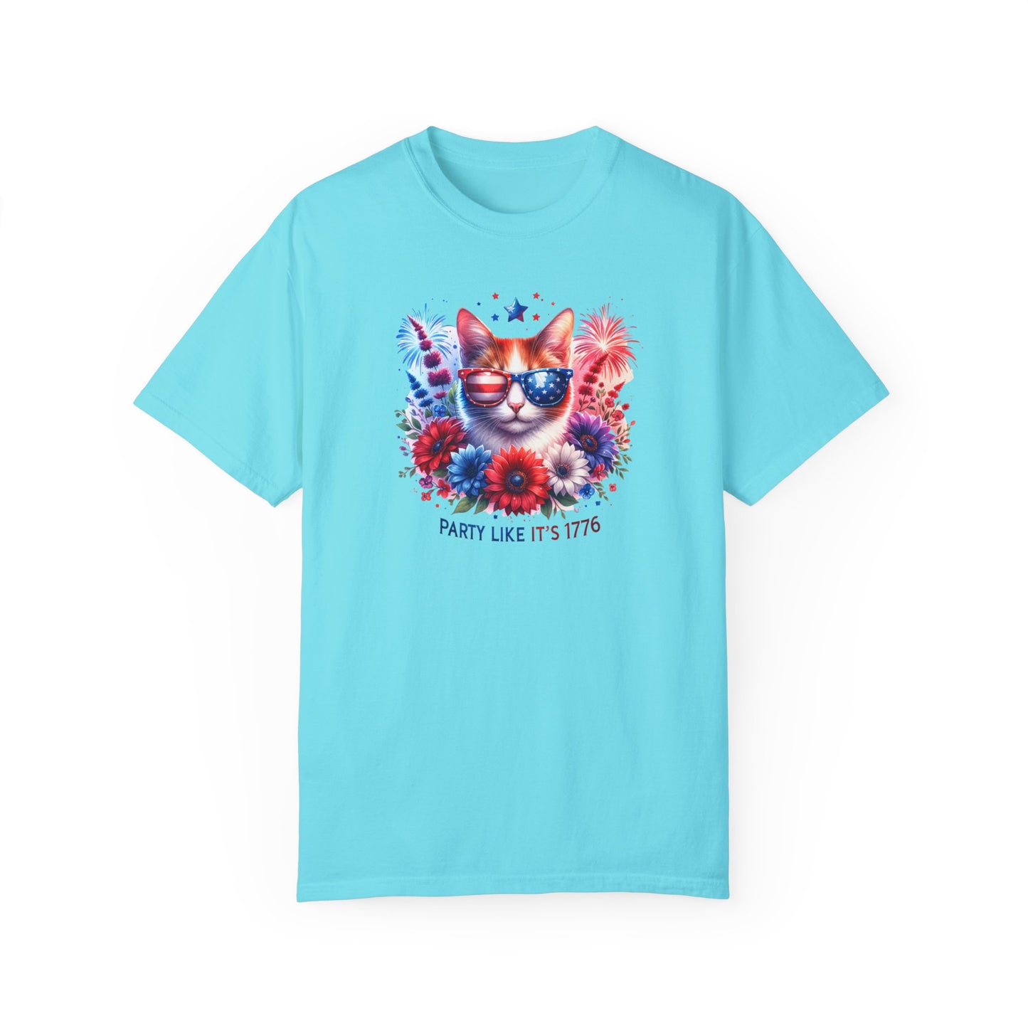 Cat with Sunglasses, Wild Flowers Summer Comfort Colors®  T-shirt, Red White and Blue, America Tee,  4th of July, 4th of July Shirt T-Shirt