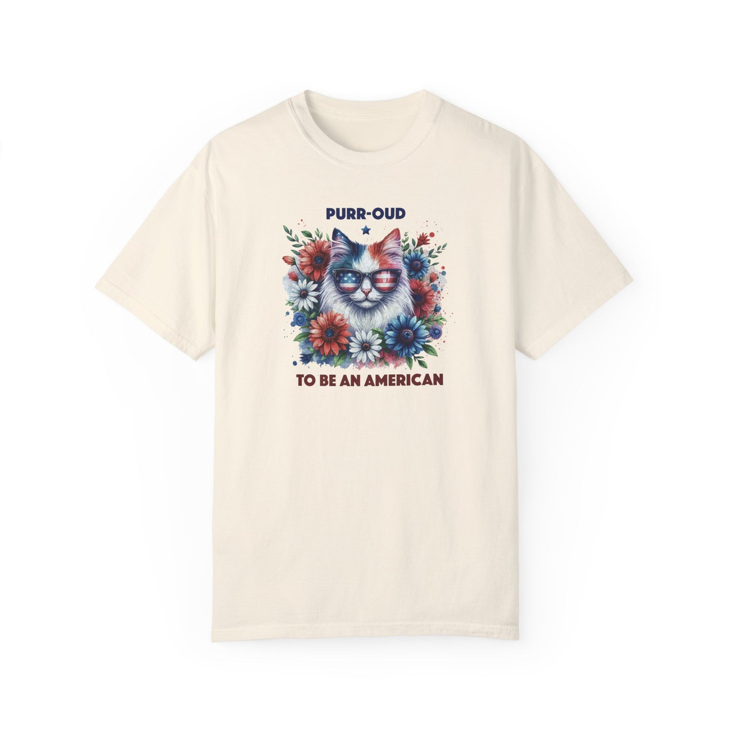 Purr-oud Cat with Sunglasses, Wild Flowers Summer Comfort Colors®  T-shirt, Red White & Blue, America Tee,  4th of July, 4th of July Shirt