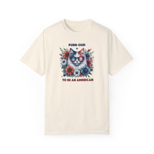 Purr-oud Cat with Sunglasses, Wild Flowers Summer Comfort Colors®  T-shirt, Red White & Blue, America Tee,  4th of July, 4th of July Shirt