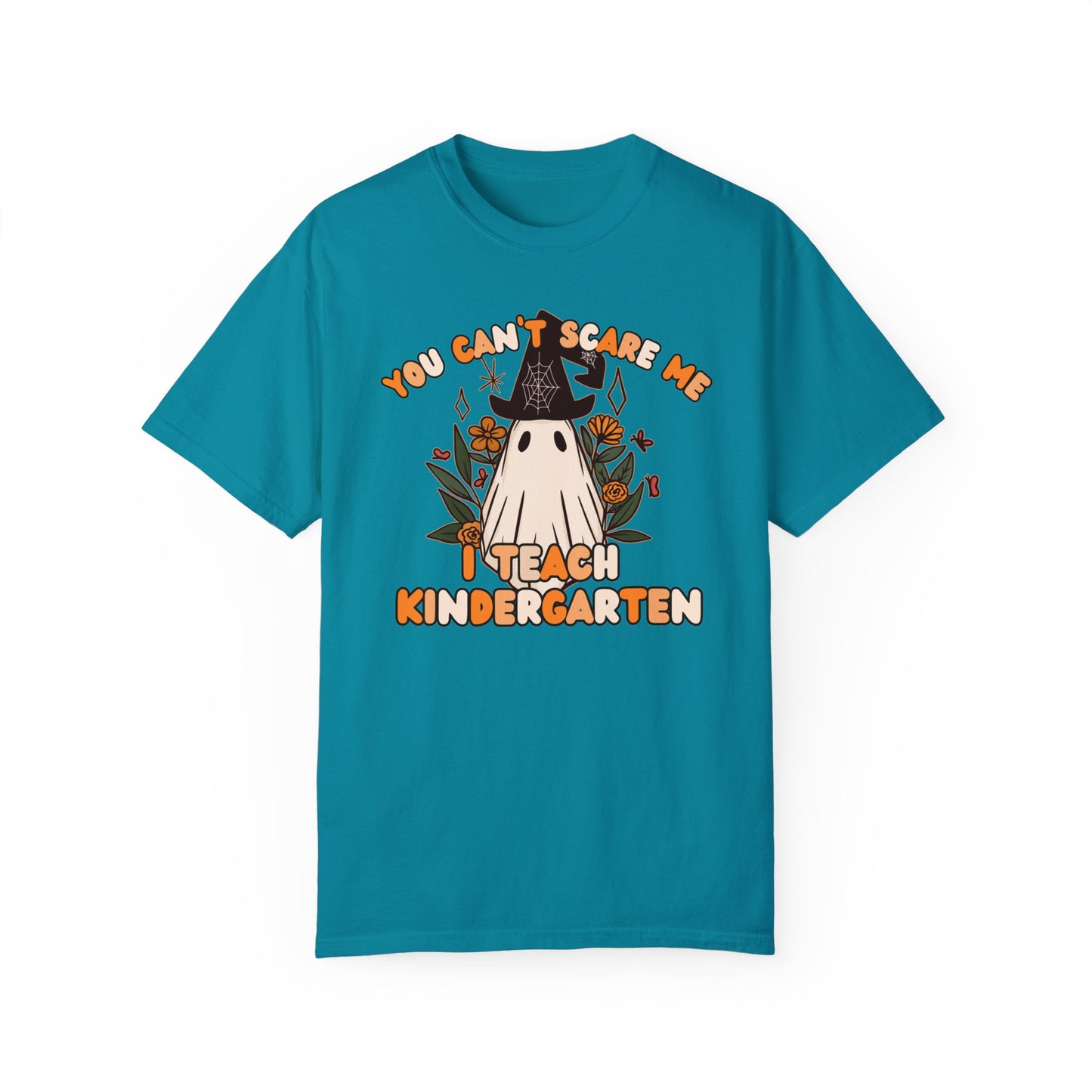 You Can't Scare Me I Teach Kindergarten Halloween Comfort Colors Shirt, Limited Edition Floral Witch Ghost Fall Kindergarten Teacher Shirt